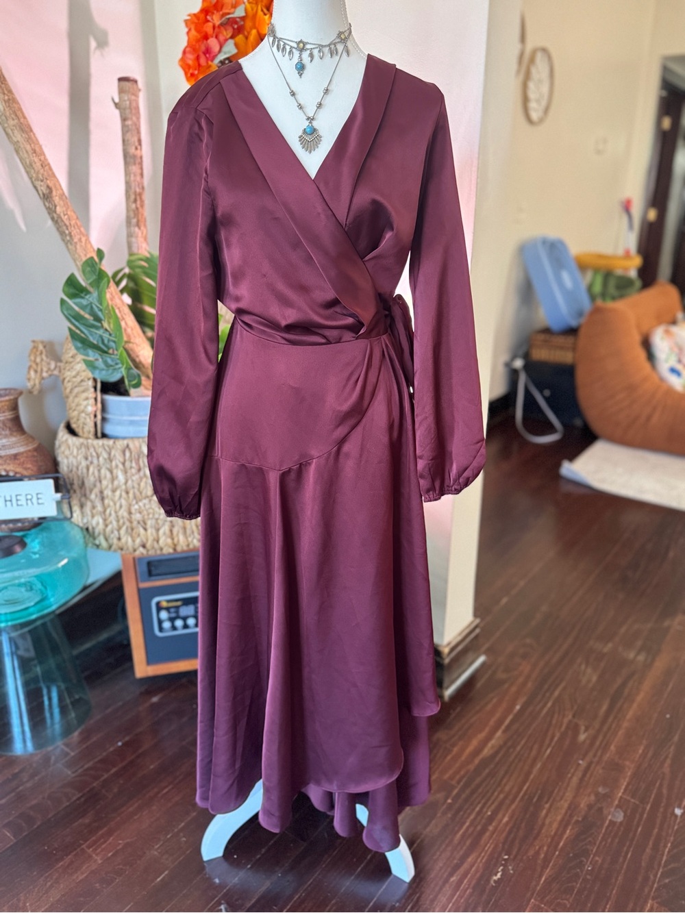 Lush Satin Wrap Midi Dress in Wine